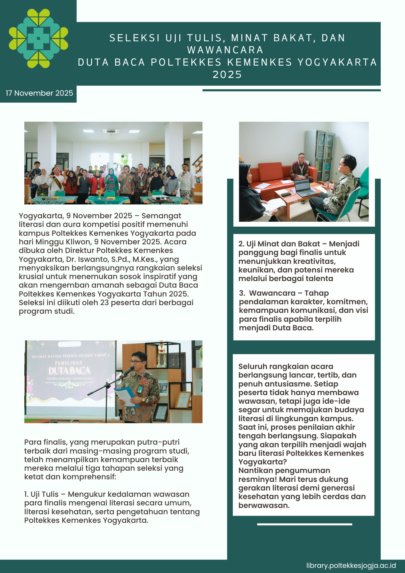 Seleksi Uji Tulis, Minat Bakat, dan Wawancara
Duta Baca Poltekkes Kemenkes Yogyakarta 2025